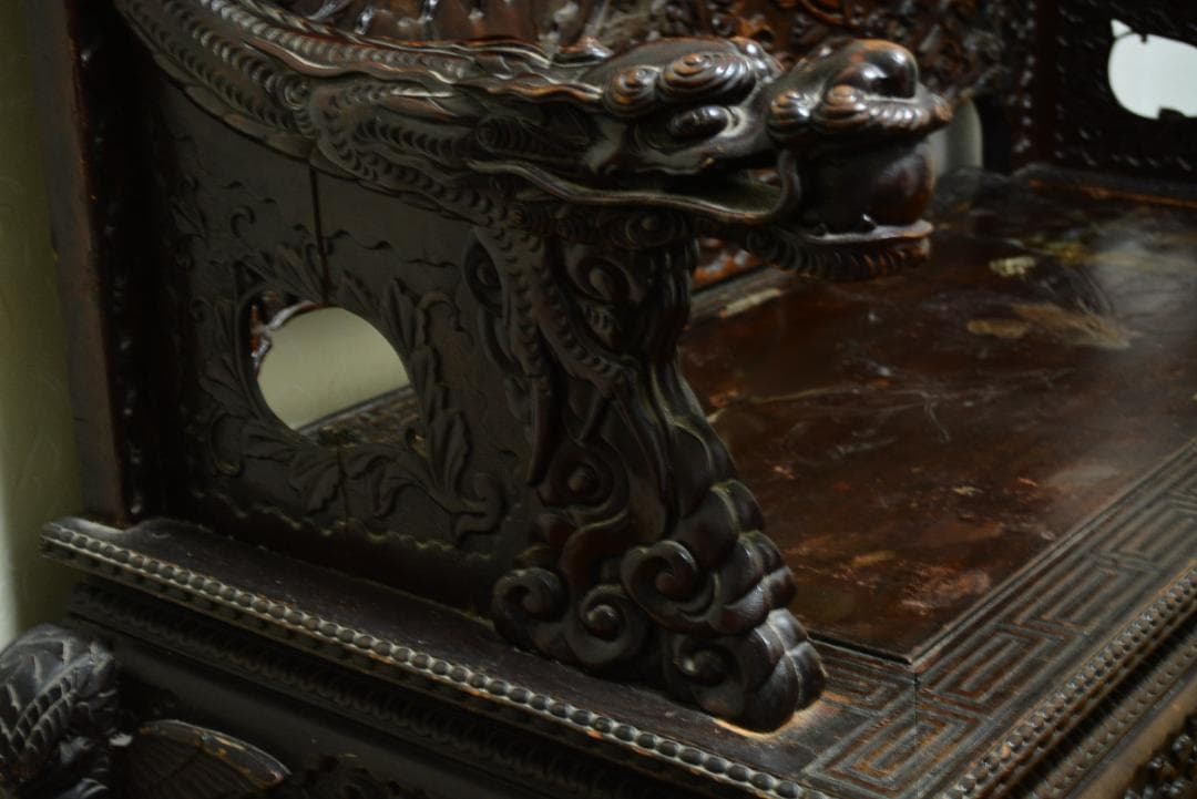 18-19世紀 希少 唐木 龍鳳凰彫刻 中国 長椅子 高級家具 アンティーク