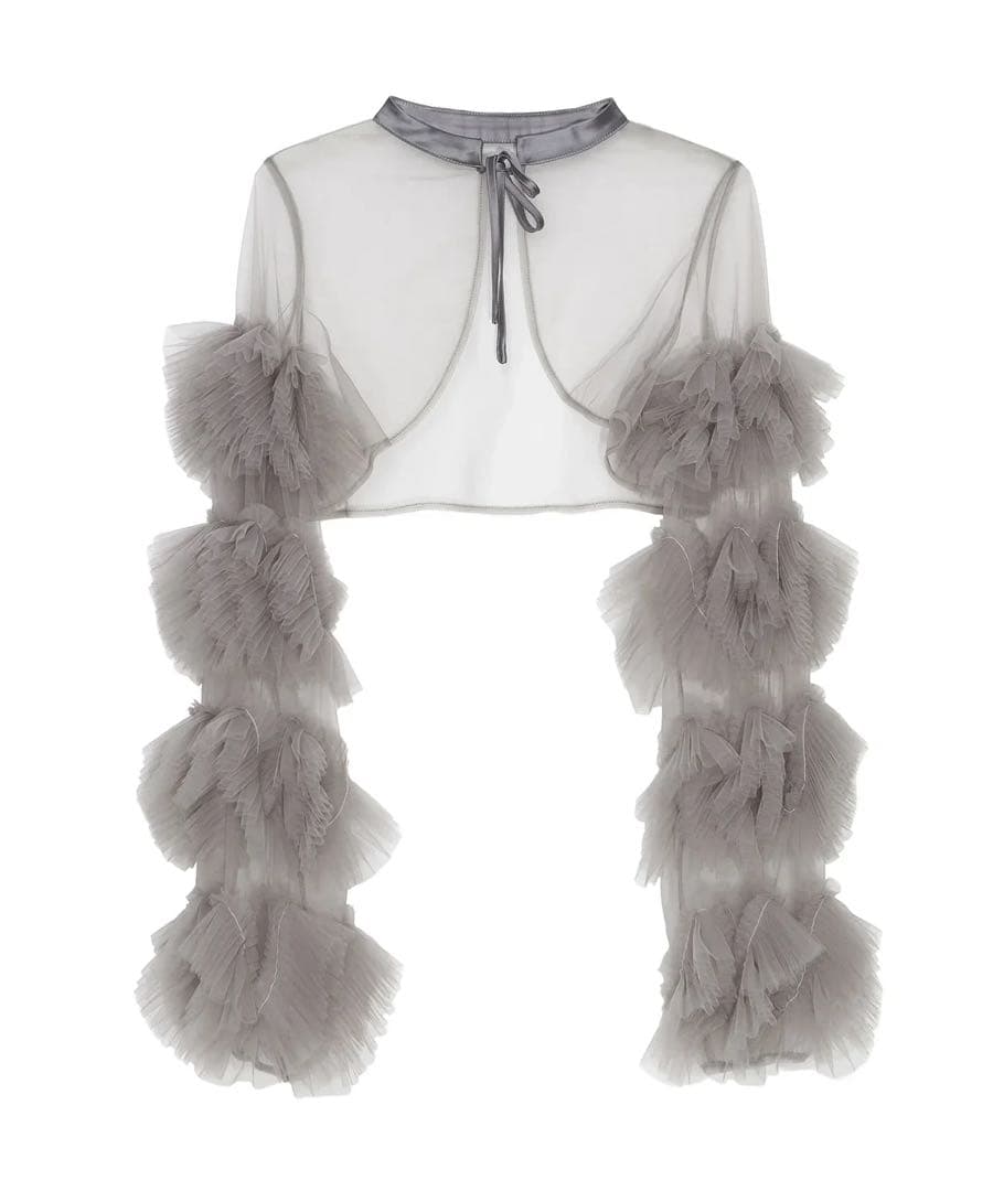 LEJA フリルチュールスリーブリボンIラインワンピースドレス