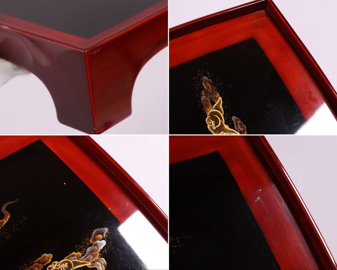 【MA700】時代木製漆器 雲雀蒔絵 吸物盆 十客 金蒔絵 黒塗溜塗 足付四方膳