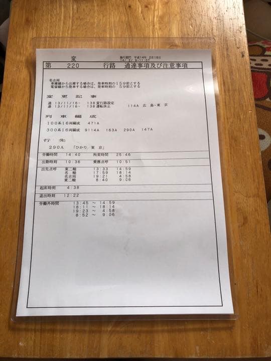 鉄道部品　新幹線　運転士時刻表