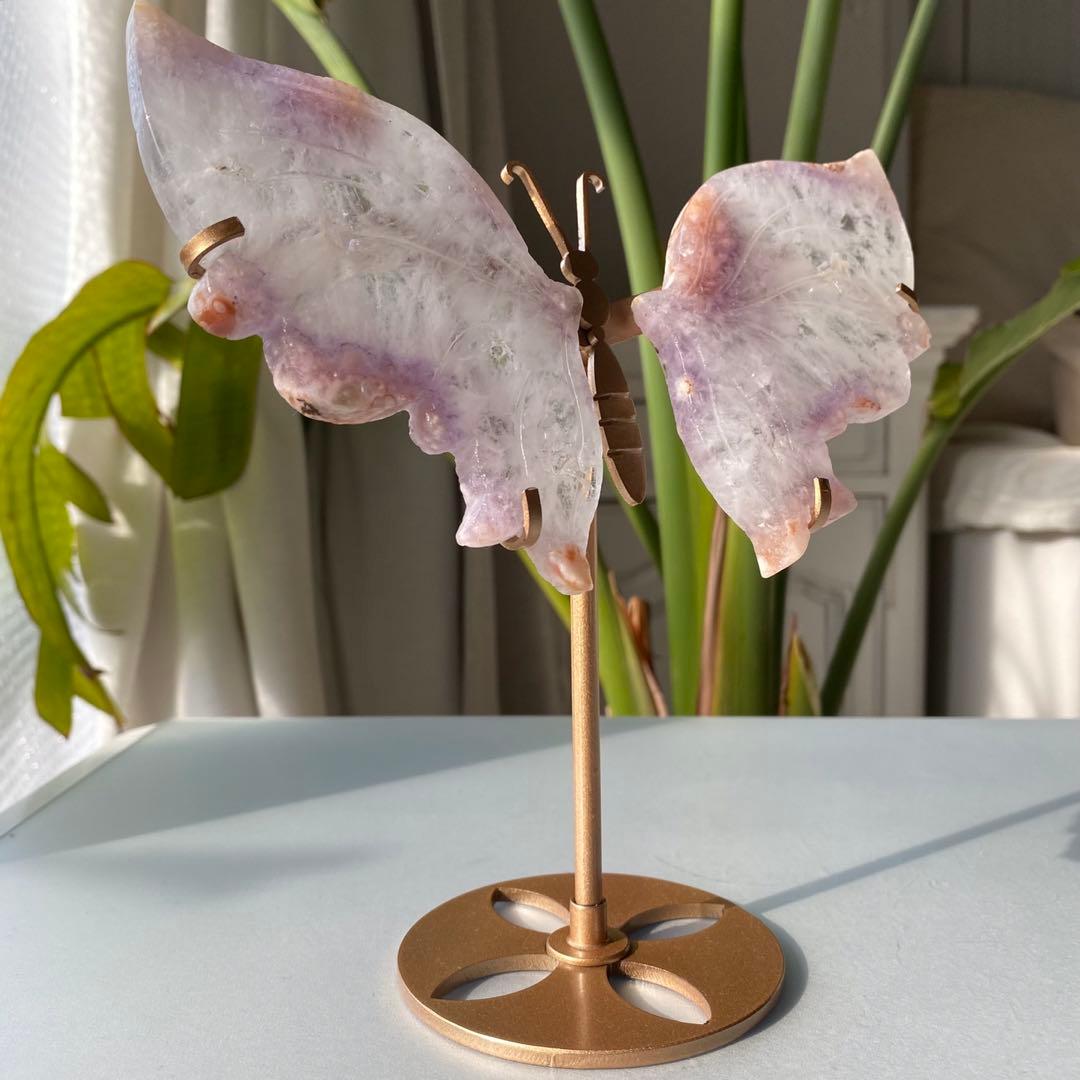 天然石 ピンクアメジスト クォーツ バタフライ 蝶々 スタンド付き