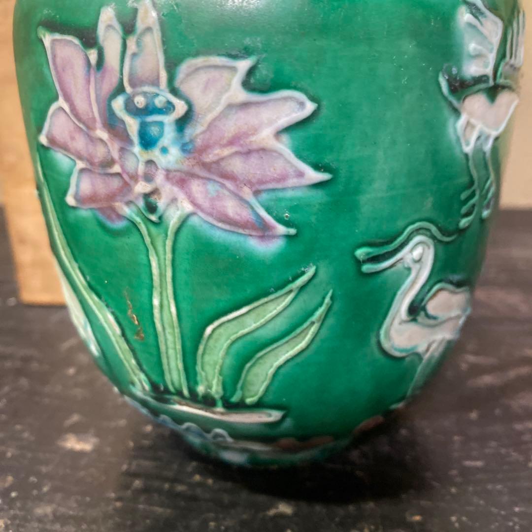 中国古玩　鷺文法華花瓶【桐箱付】10cm13.5cm