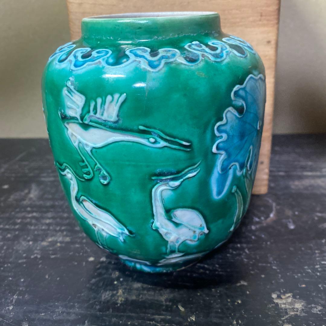 中国古玩　鷺文法華花瓶【桐箱付】10cm13.5cm