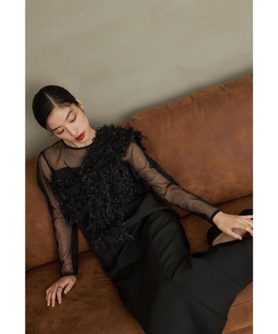 新品　ANDRESD フリンジグリッターノットドレス ブラック　ワンピース