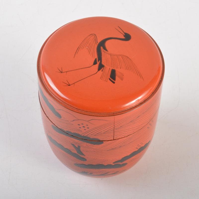 茶道具　塗師　中村宗哲作　朱塗　鶴松文　中棗　時代箱付　V　6508