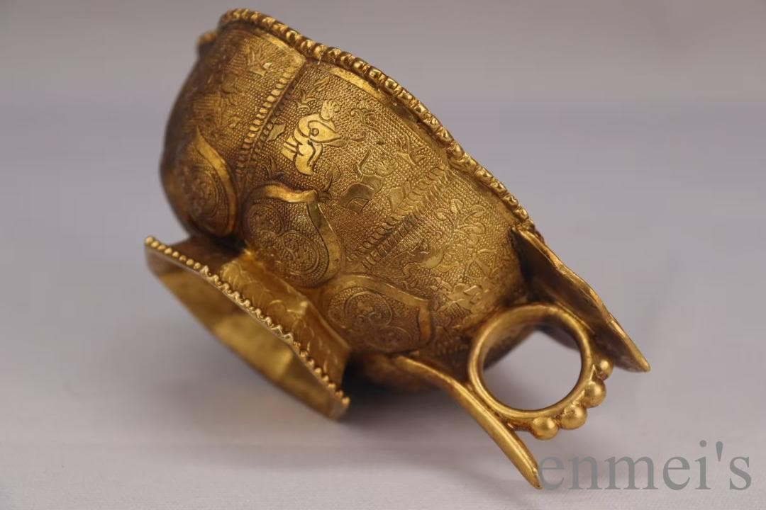 中国古美術 旧蔵 唐代 大唐貞觀款 鍍金銅酒杯 精銅製