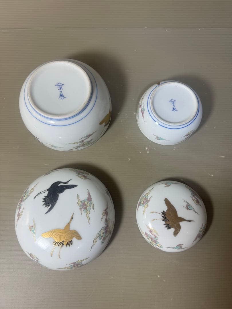 2619 深川製磁 金彩雲鶴図 蓋物 ボンボニエール 大小 菓子器 2客