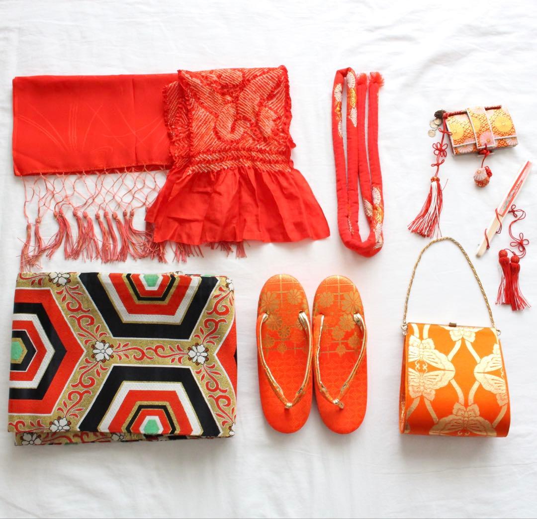 七五三 7歳 女の子 子供 アンティーク 紫 着物 帯 セット