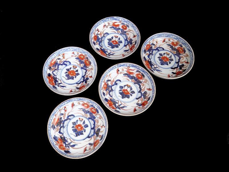 古伊万里　色絵　元禄写　菊に牡丹の図　４寸皿　５枚　 A081AS-MMv