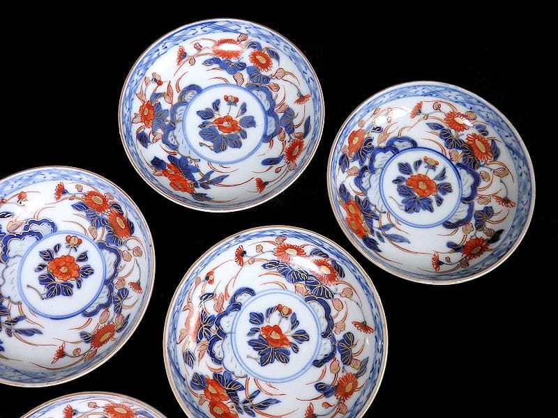 古伊万里　色絵　元禄写　菊に牡丹の図　４寸皿　５枚　 A081AS-MMv