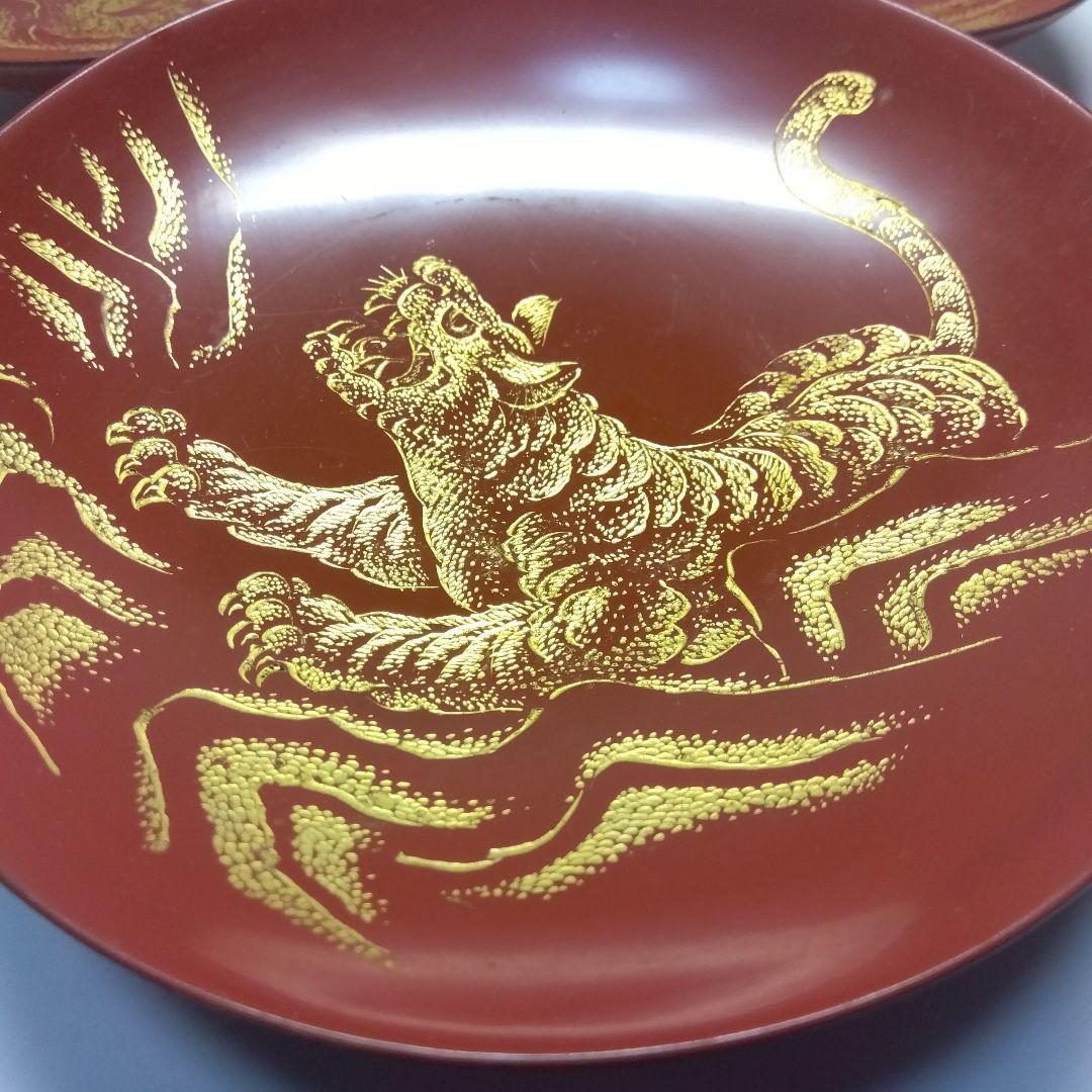 輪島塗 漆器三ッ組盃 沈金 虎の図 在銘 松竹梅 天然木 当日物 美品