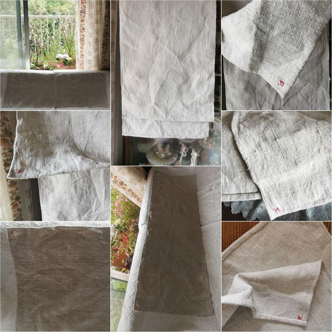 アンティークフランス ラスティック ホームスパンリネン イニシャル赤