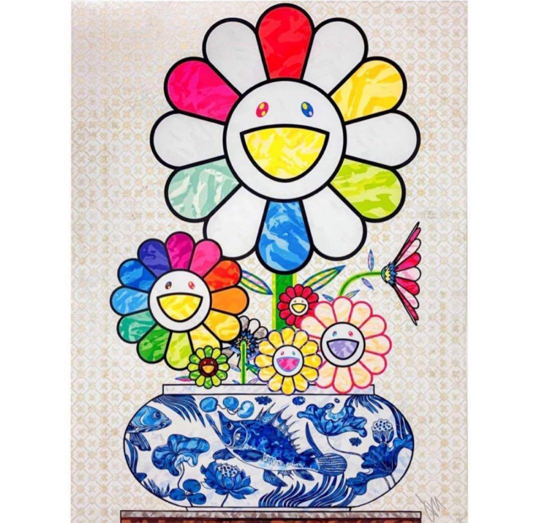 ED300】青花の壺に村上フラワー 村上隆 もののけ京都 サイン入り