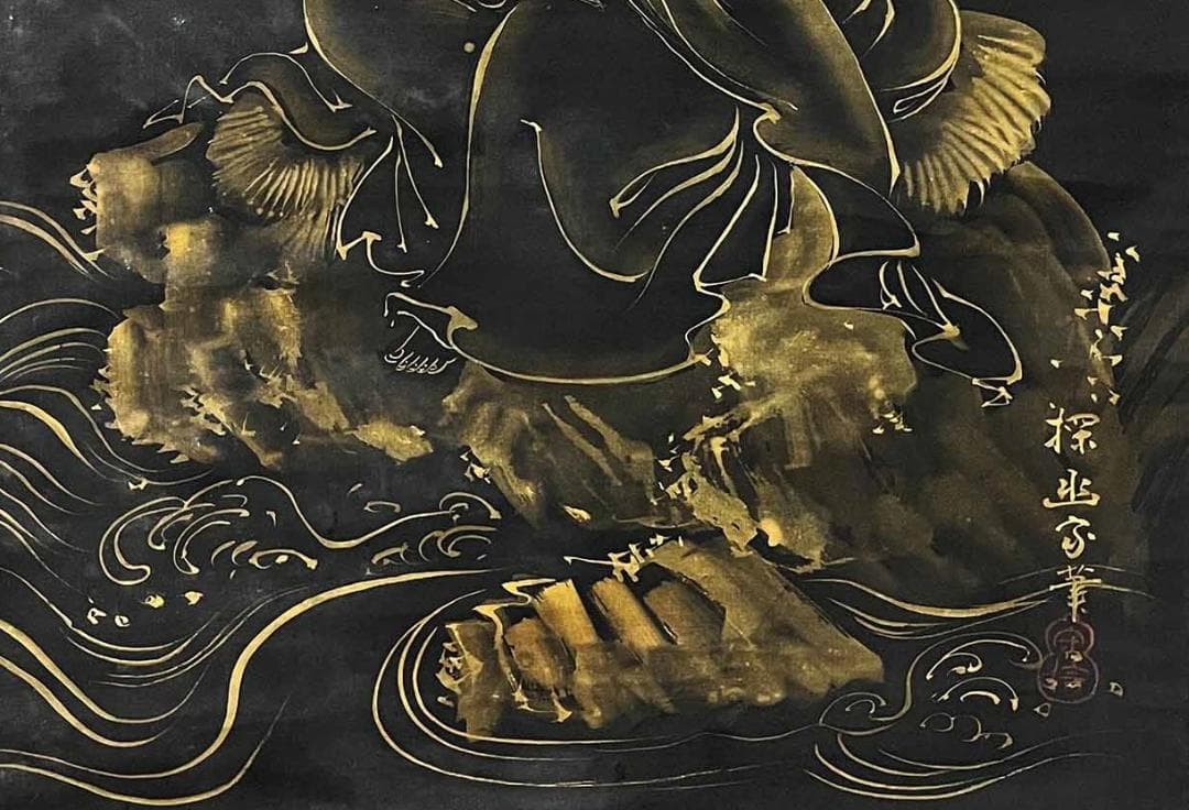 【金泥】★狩野探幽 瀧観音図★真筆 朱塗箱 絹本 検）狩野派 雪舟 狩野永徳