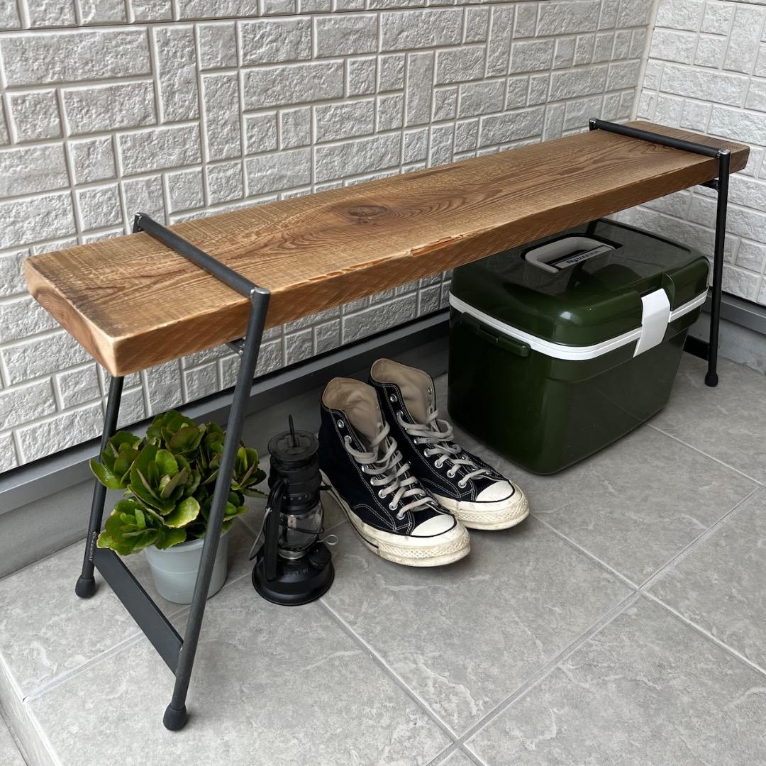 ▽最終▽ ベンチ ラック 玄関 花台 アイアン 古材 観葉植物 腰掛 95cm