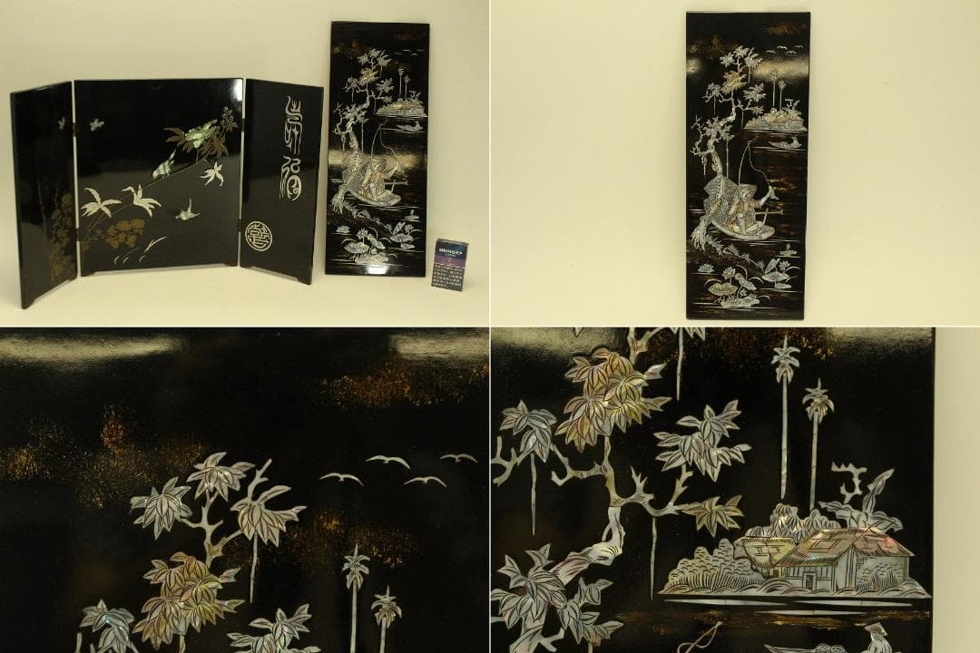 螺鈿 釣り人物 風景 飾 二枚折 置物(A973)