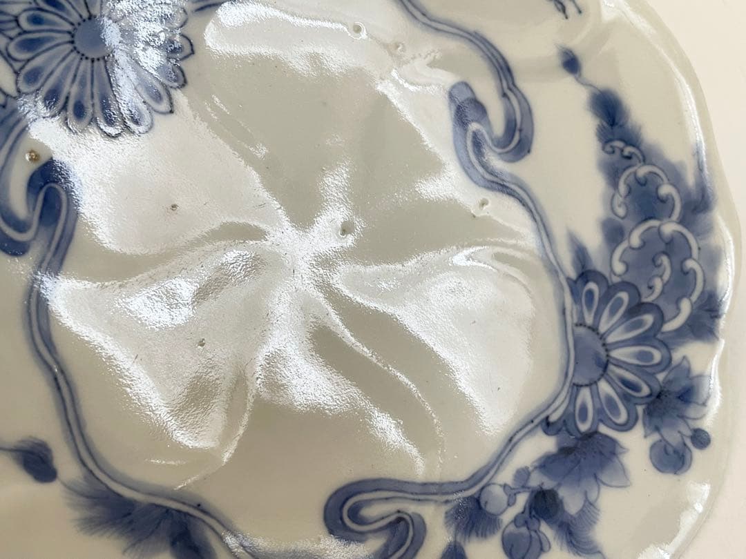 3骨董 アンティーク 藍柿右衛門 染付 菊雲鶴文様 輪花皿