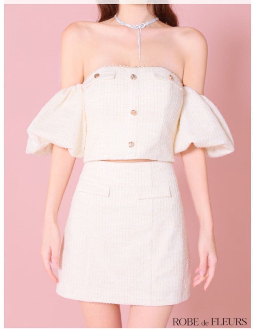 【ぴよ子】ニットツイードオフショルセットアップタイトミニドレス