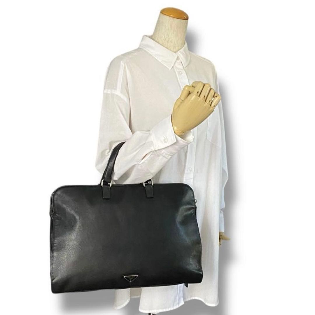 良品 プラダ PRADA ロゴ サフィアーノ レザー ビジネス バッグ A4 黒