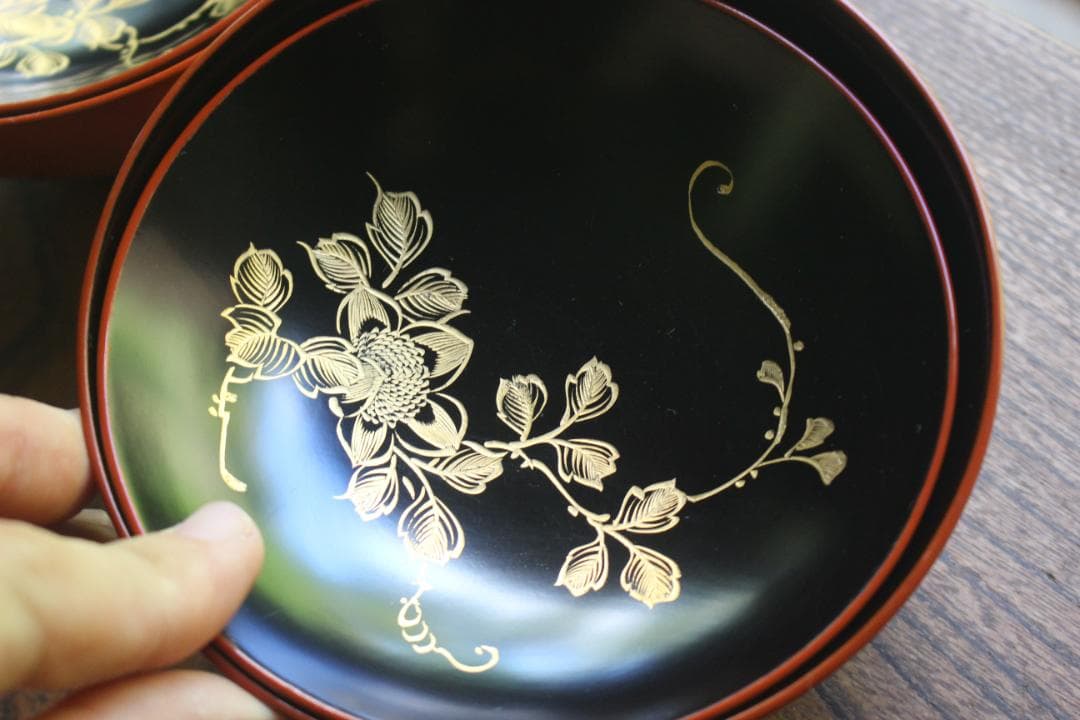 絵柄選択可！時代朱漆に優美な草花沈金のお椀10点（検輪島塗懐石椀沈金椀