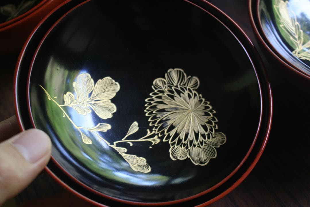 絵柄選択可！時代朱漆に優美な草花沈金のお椀10点（検輪島塗懐石椀沈金椀