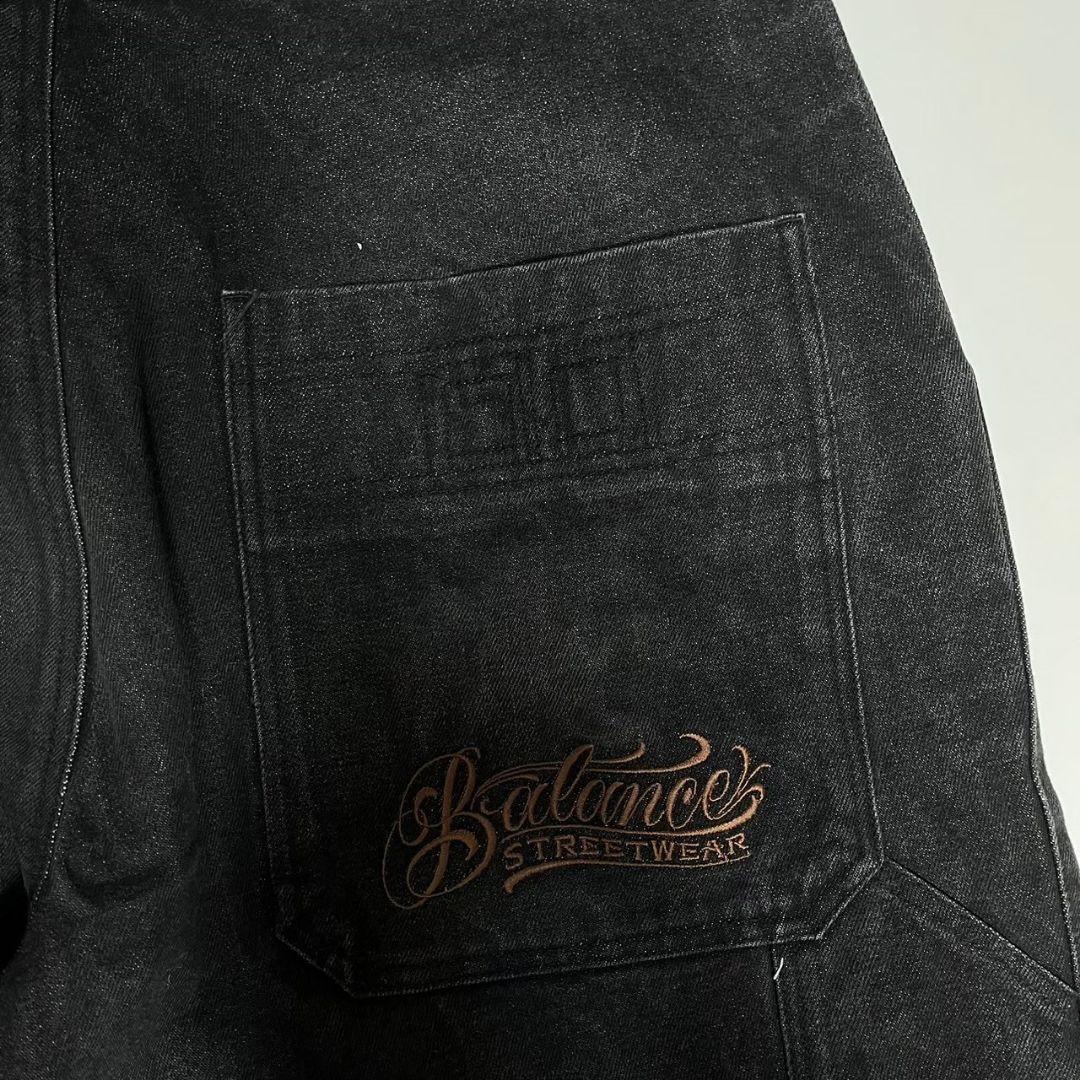 00s バランスストリートウェアワイドブラックデニムパンツロゴ刺繍BALANCE