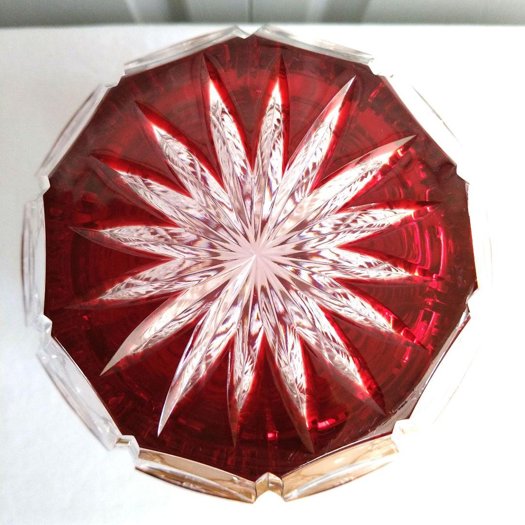 AjkaCrystal アイカクリスタル 色被せ 切子 レッド 赤 花瓶 大