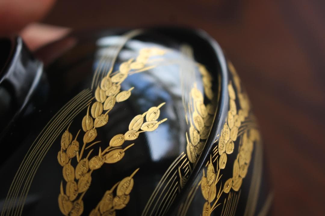 デッドストック！上質黒漆に極上稲穂沈金の映えるお椀2点（検輪島塗