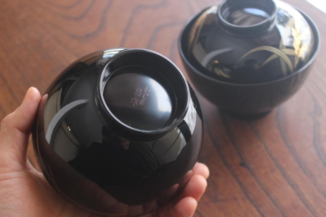 デッドストック！上質黒漆に極上稲穂沈金の映えるお椀2点（検輪島塗