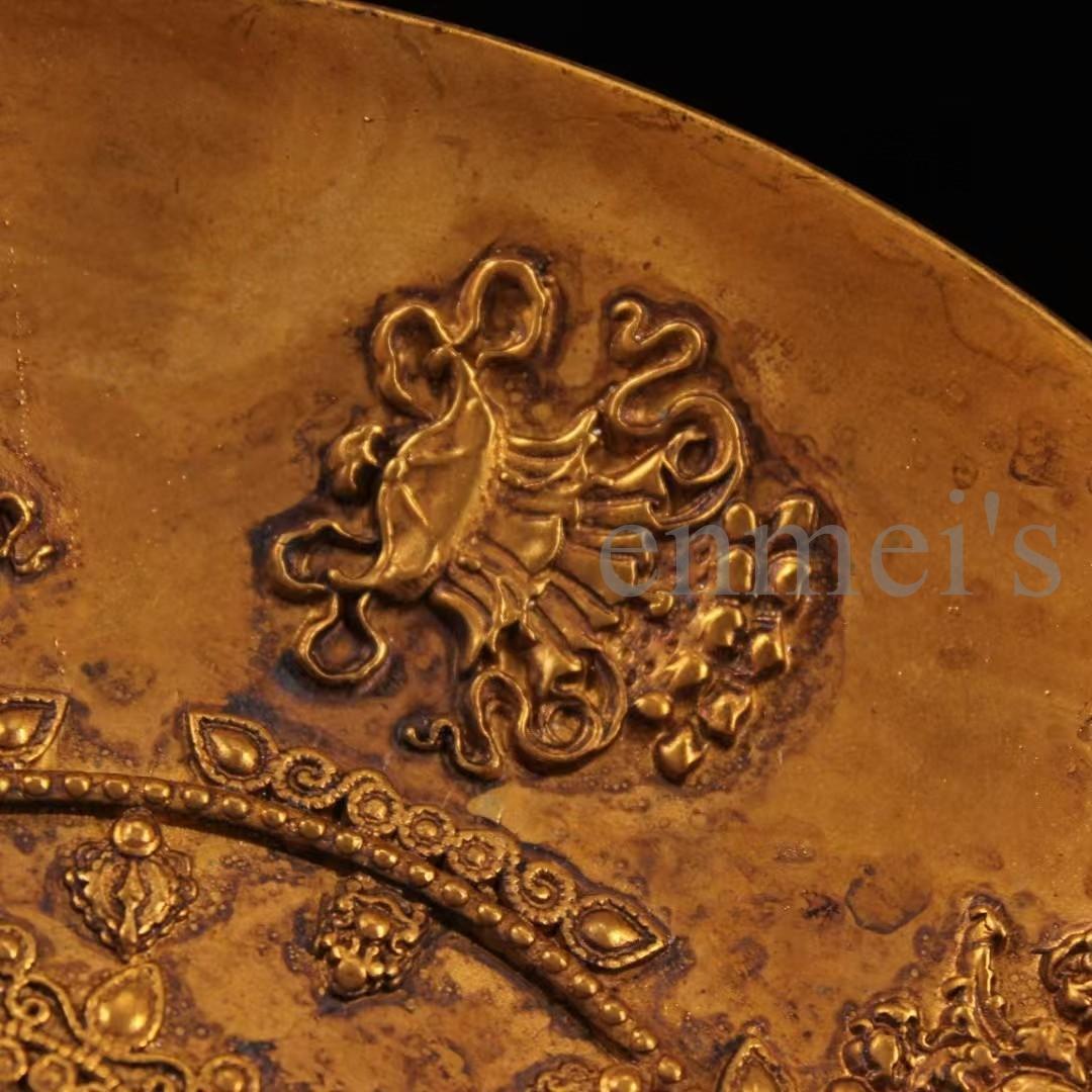 中国古美術・純銅製・鎏金八吉祥仏盤・高浮彫錾刻・仏具・