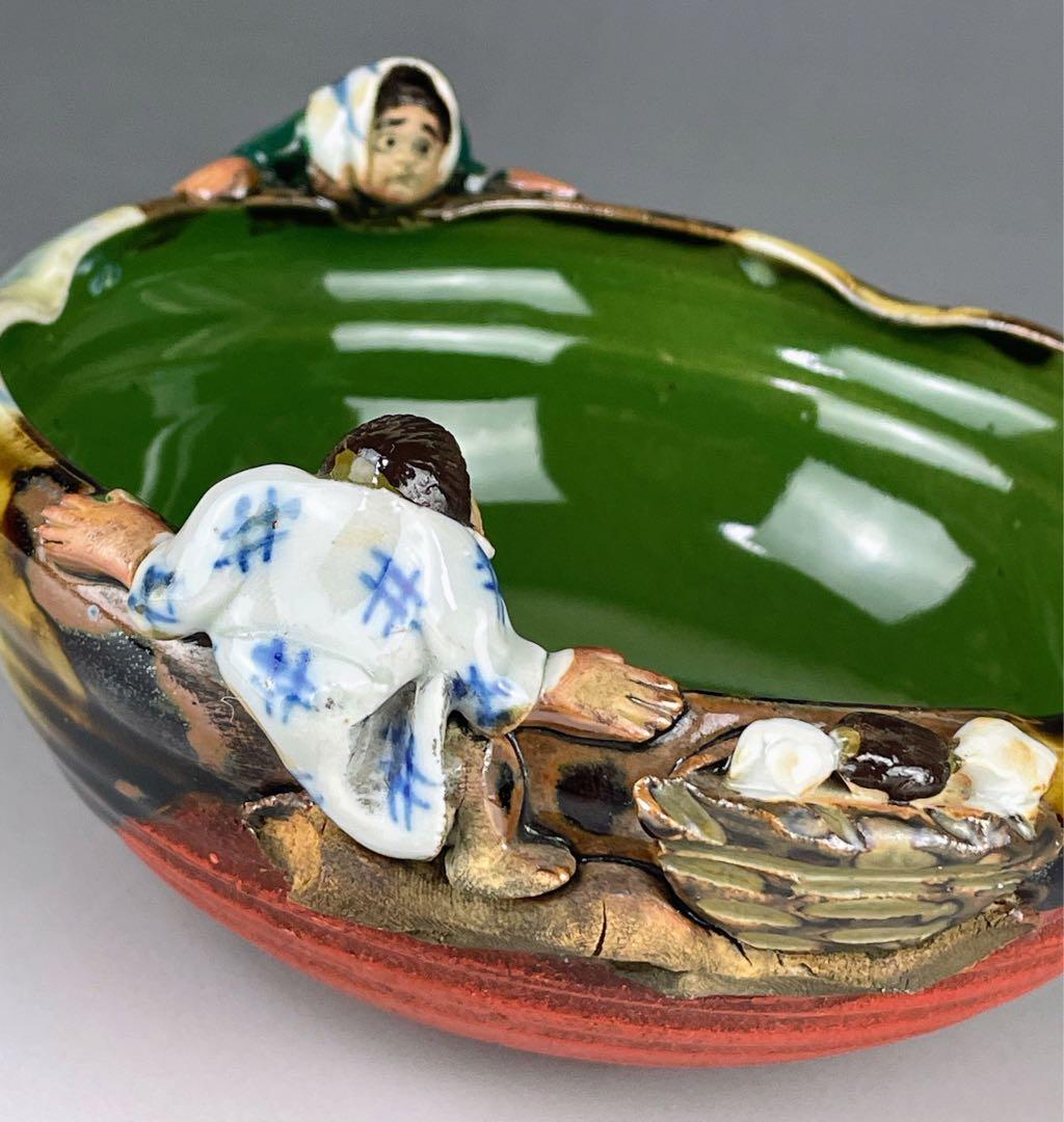 隅田焼 井上良斎 高浮彫人物立体造形焼物 明治期 ボウル トレイ 深皿 鉢