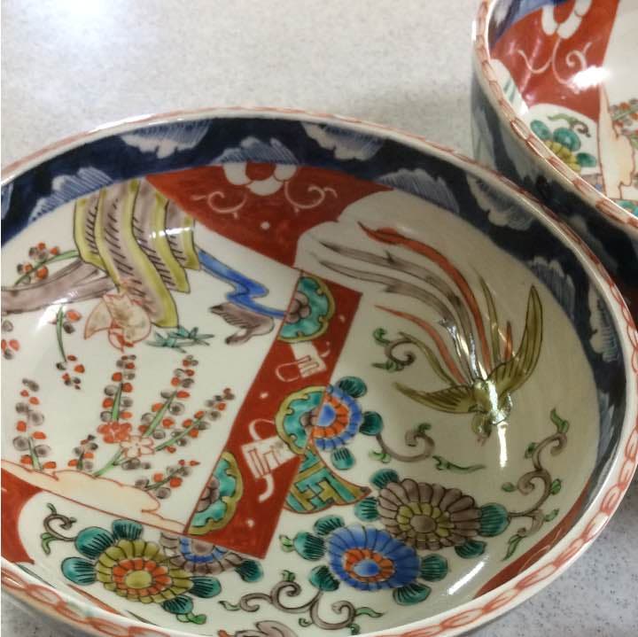 古伊万里 色絵大鉢3個セット『ドラゴン&鶴』江戸〜明治 アンティーク