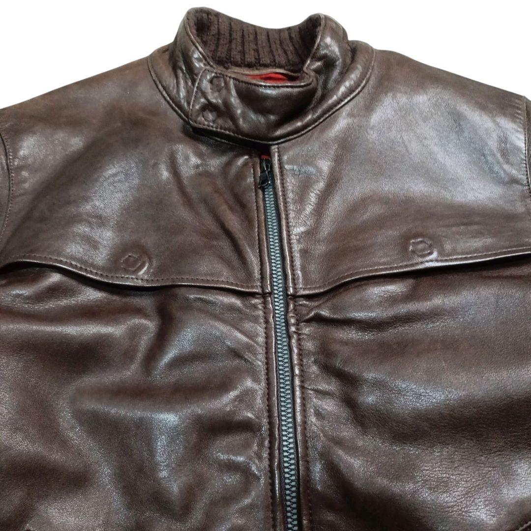 ✨BLUE WORK ラム 裏地チェック 立襟 riri シングルライダース