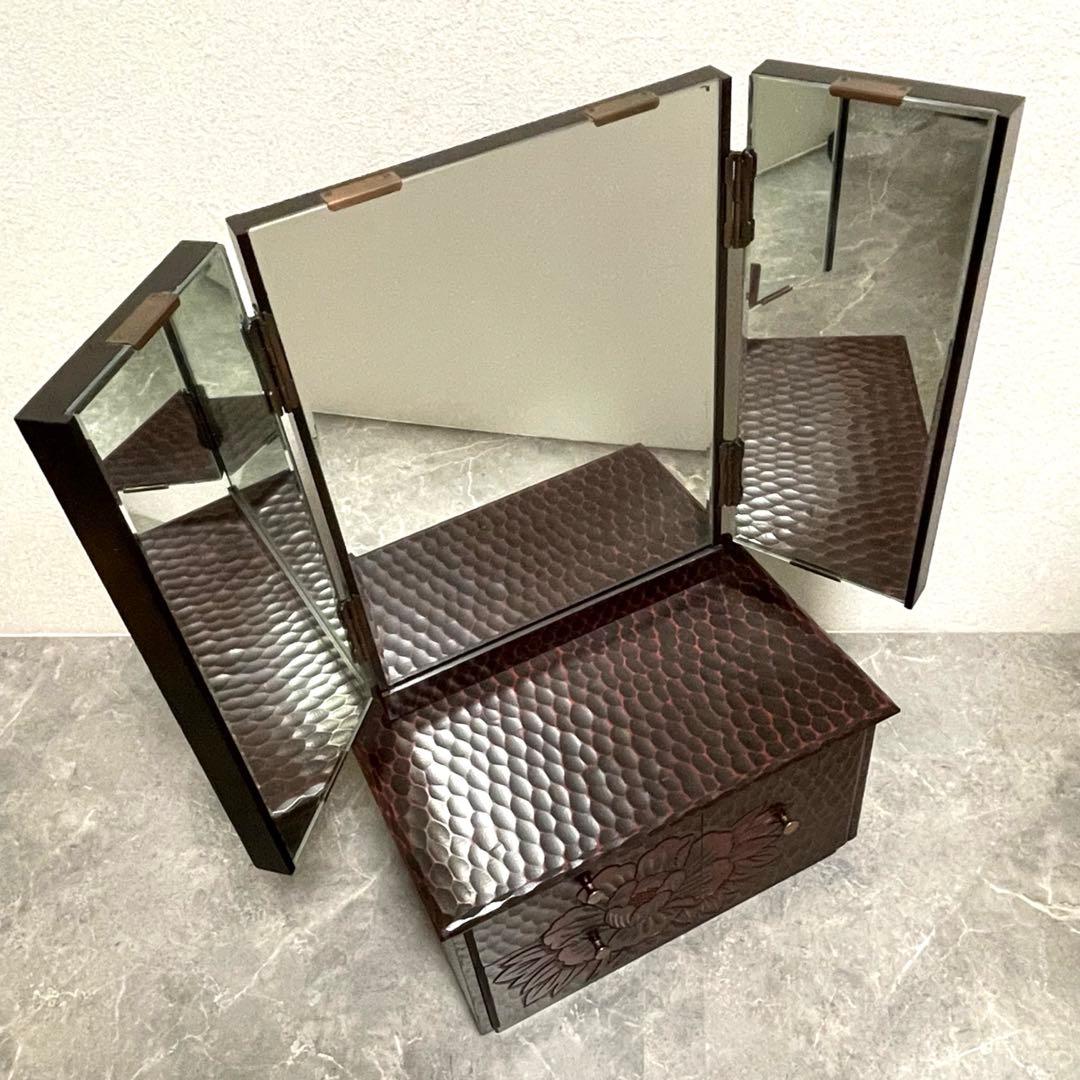 鎌倉彫 鏡台 三面鏡 木製 彫刻 牡丹花 昭和レトロ 和風 ドレッサー