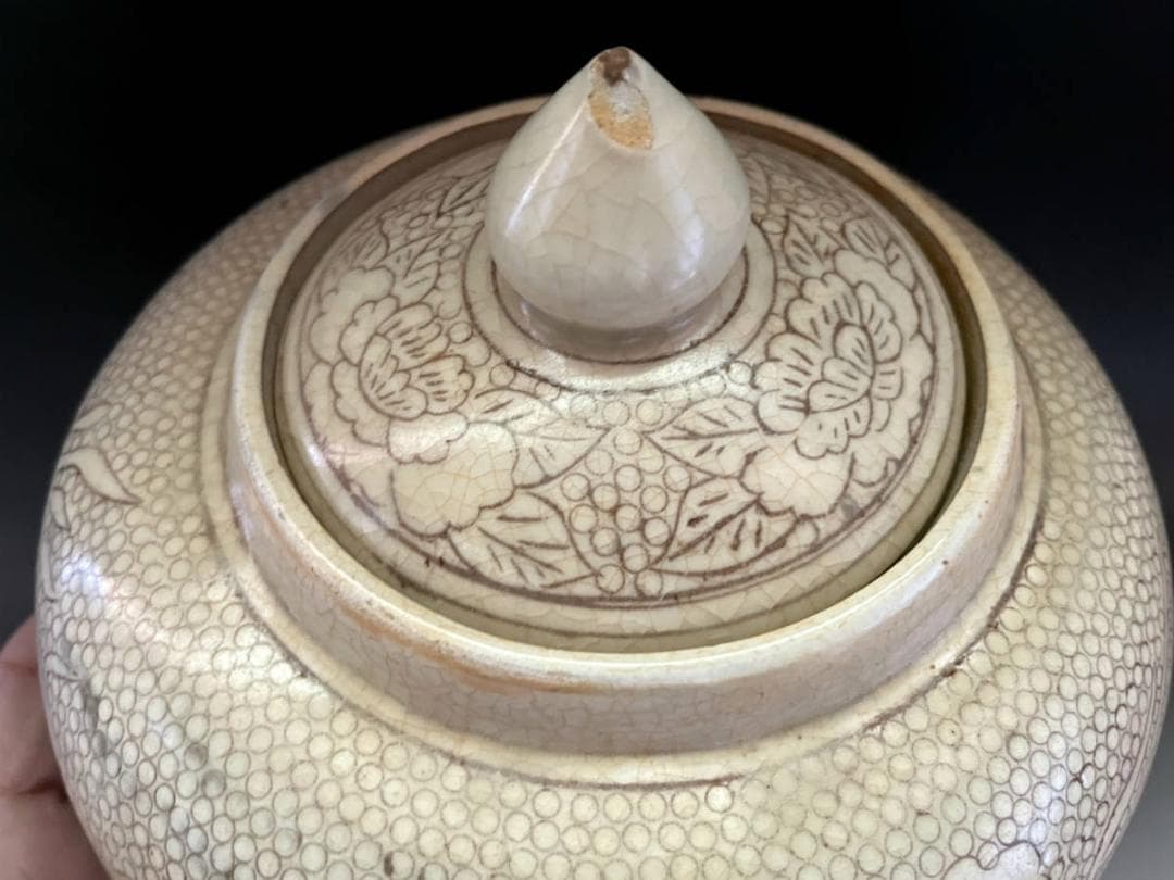 壷■コレクター収集品 磁州窯(宋)双竜紋 雲龍 微塵 蓋物 古玩 唐物 中国骨董