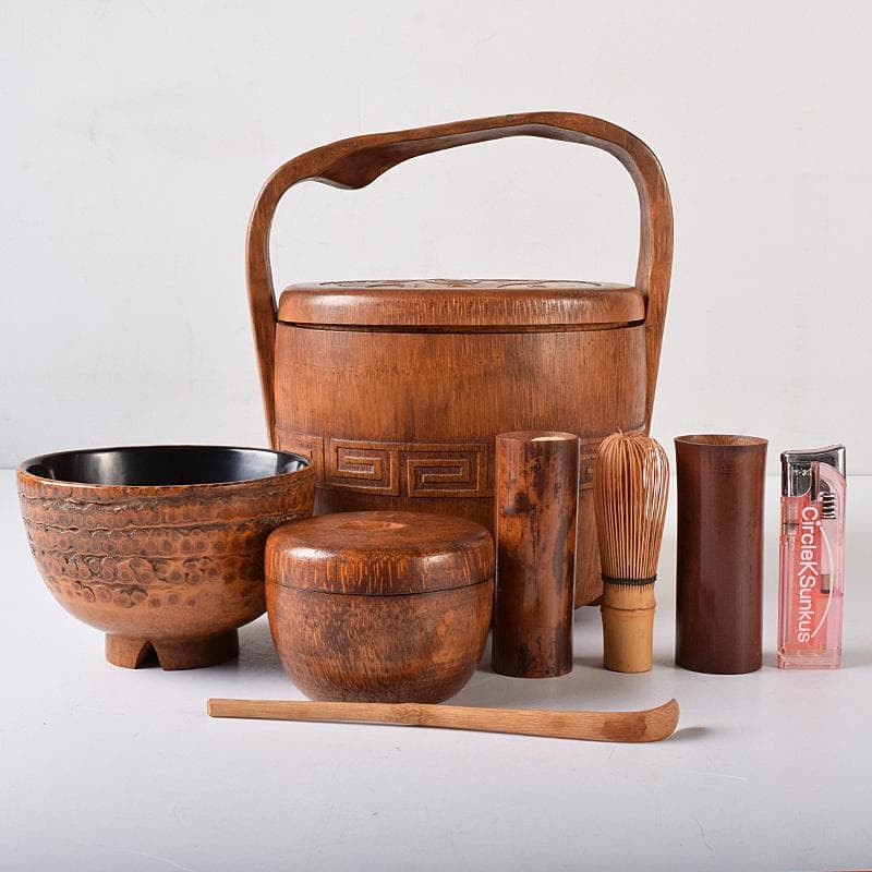 茶道具 中川竹仙作 竹根 持ち手付 抹茶器 茶碗など 六点一式 J R8300B