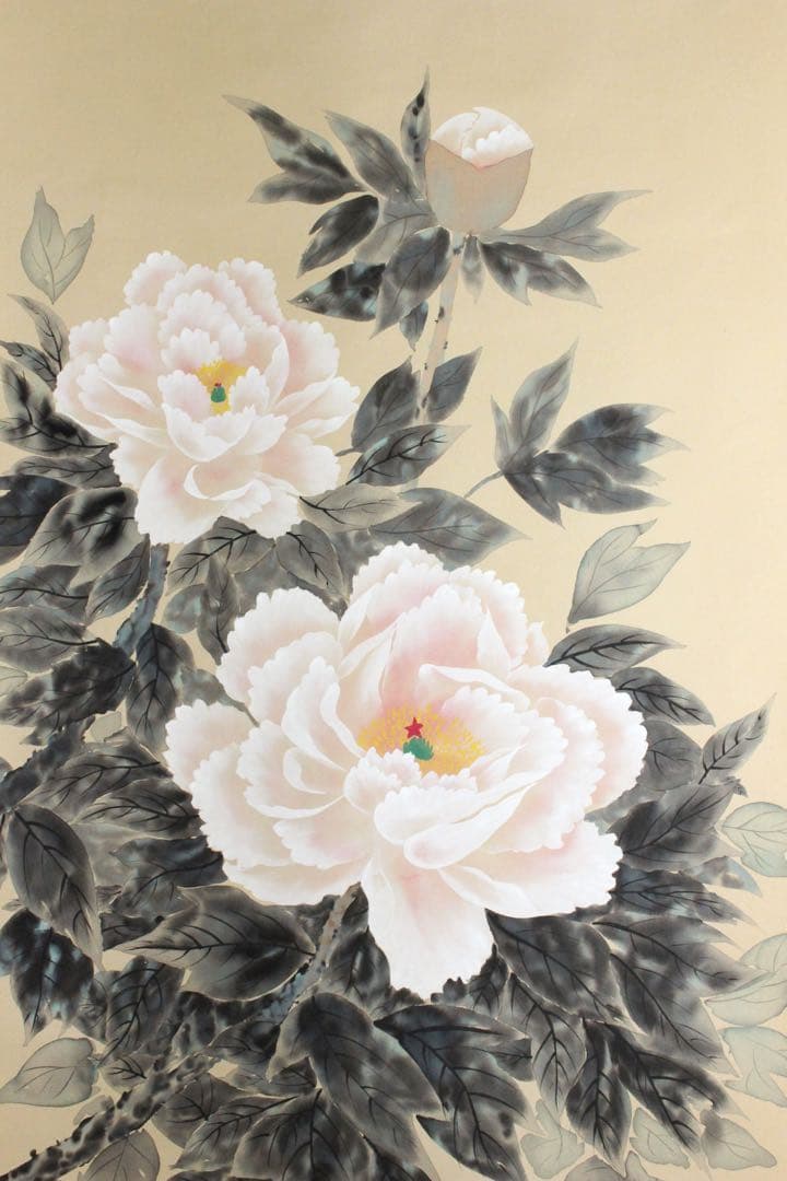 No5207 掛軸 稲垣伯堂 牡丹図 着色絹本 日本画 古画 古美術 送料