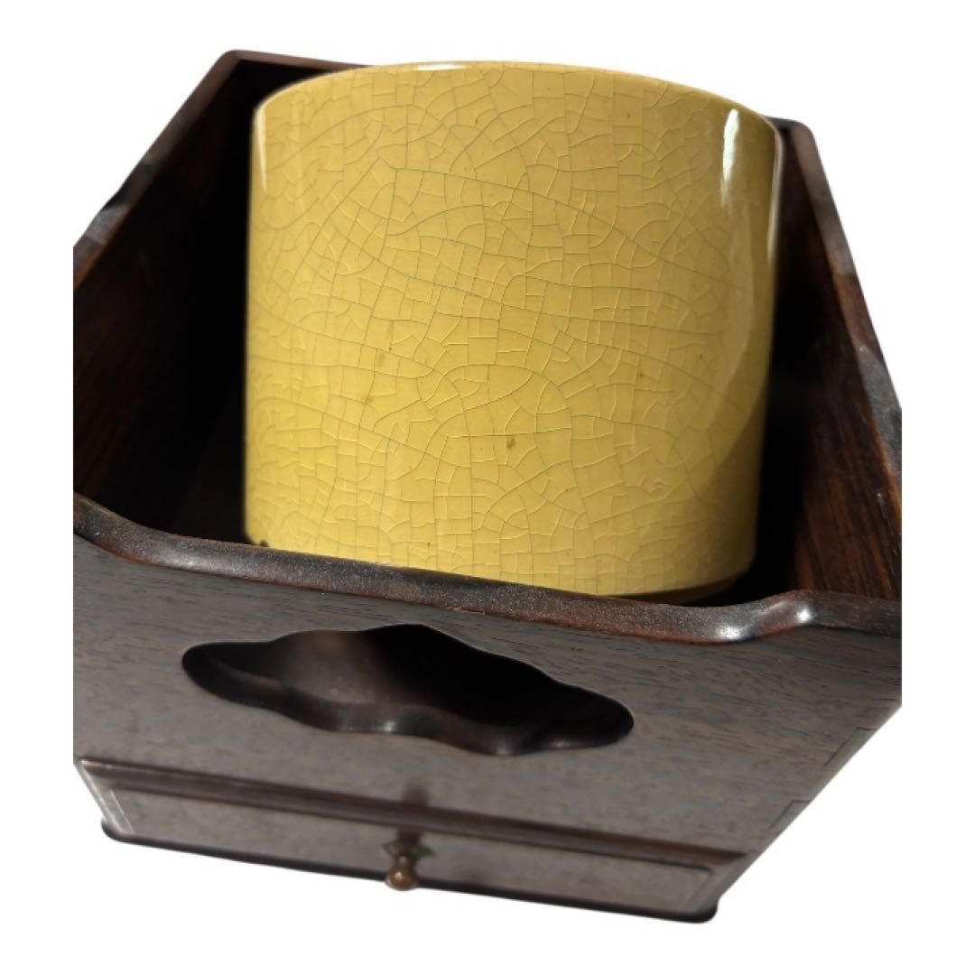 文房紫檀木牛毛紋 細密作 持ち手付き煙草盆 ➕火入れ 茶道具 当時物