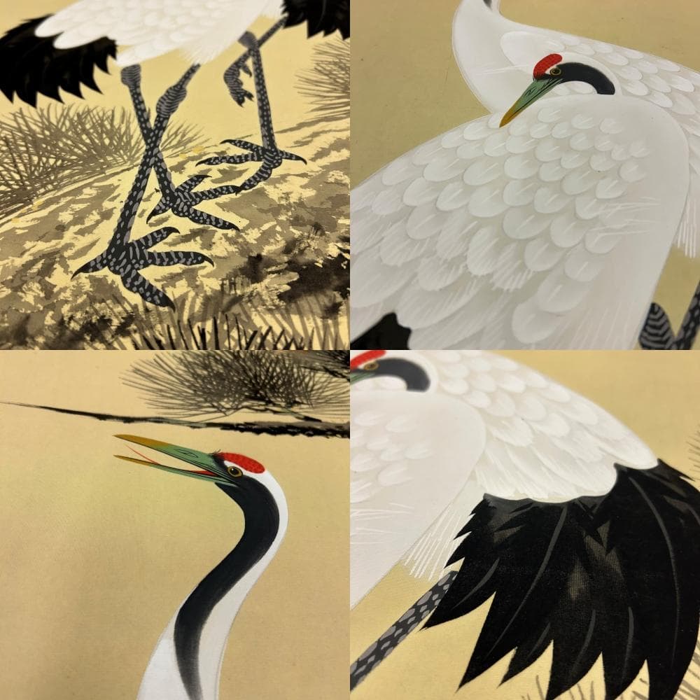 掛軸 松上鶴 芳泉 木箱付き 山下芳泉 双鶴図 旭日鶴 鳥獣画 縁起物 長寿