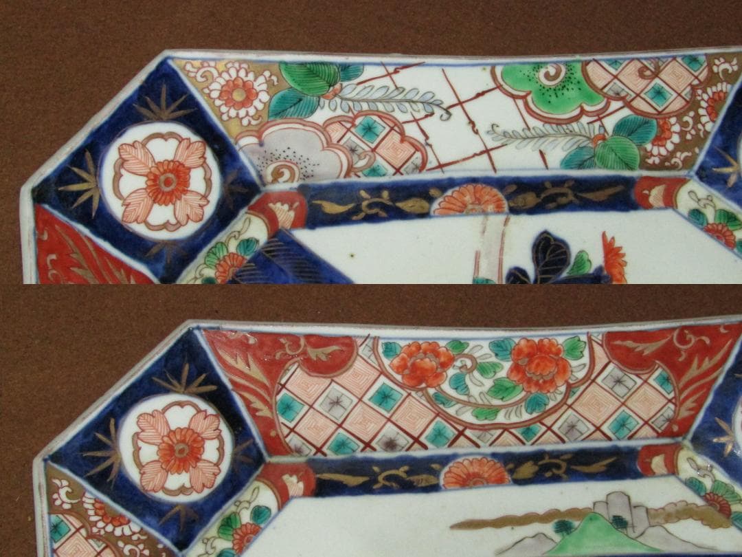 【色絵　山水・菊図　角皿　径３１．５ｃｍ】古伊万里