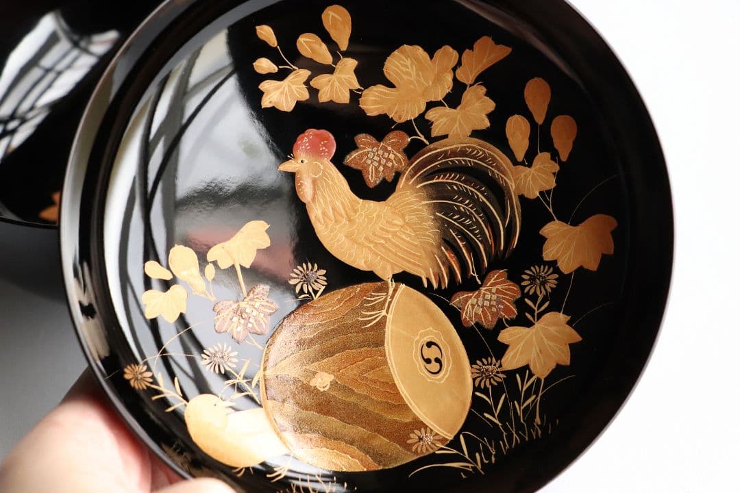 CL37 輪島塗 諫鼓鶏金蒔絵 黒塗椀 五客 木製漆器 鶏 太鼓 草花