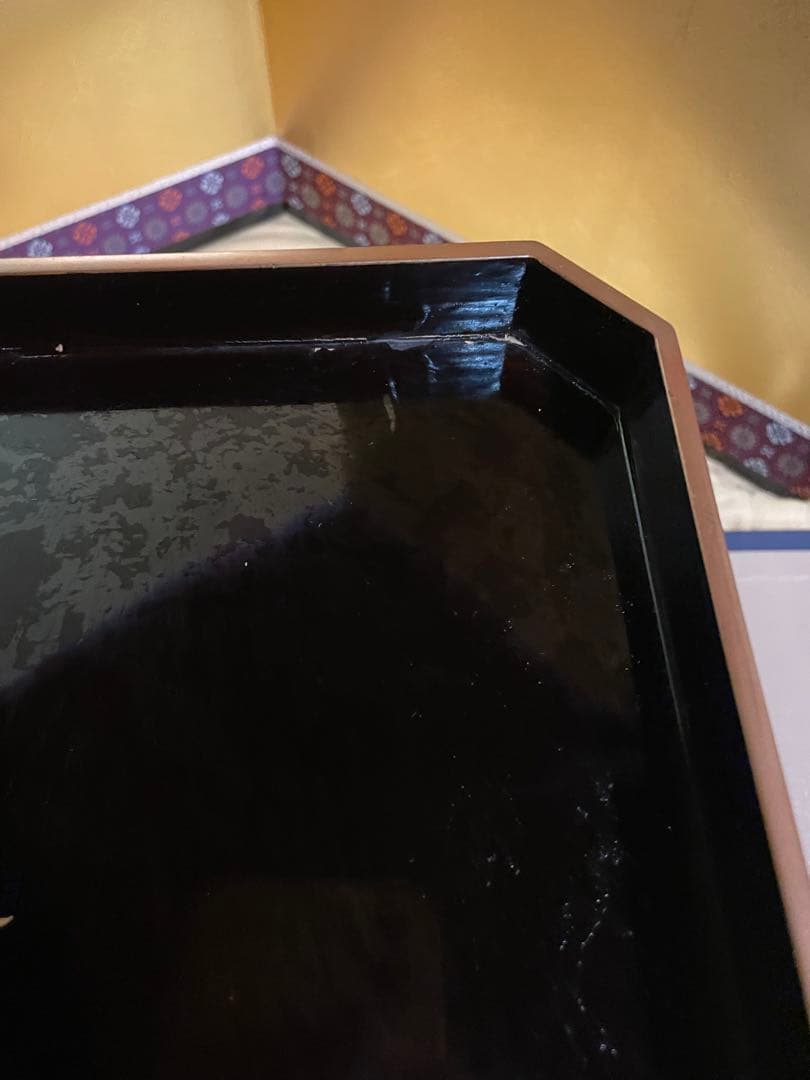 旧家蔵 黒漆塗 山水群鶴蒔絵 花月台 時代箱付・蒔絵盃台・大中小 三盃 時代物