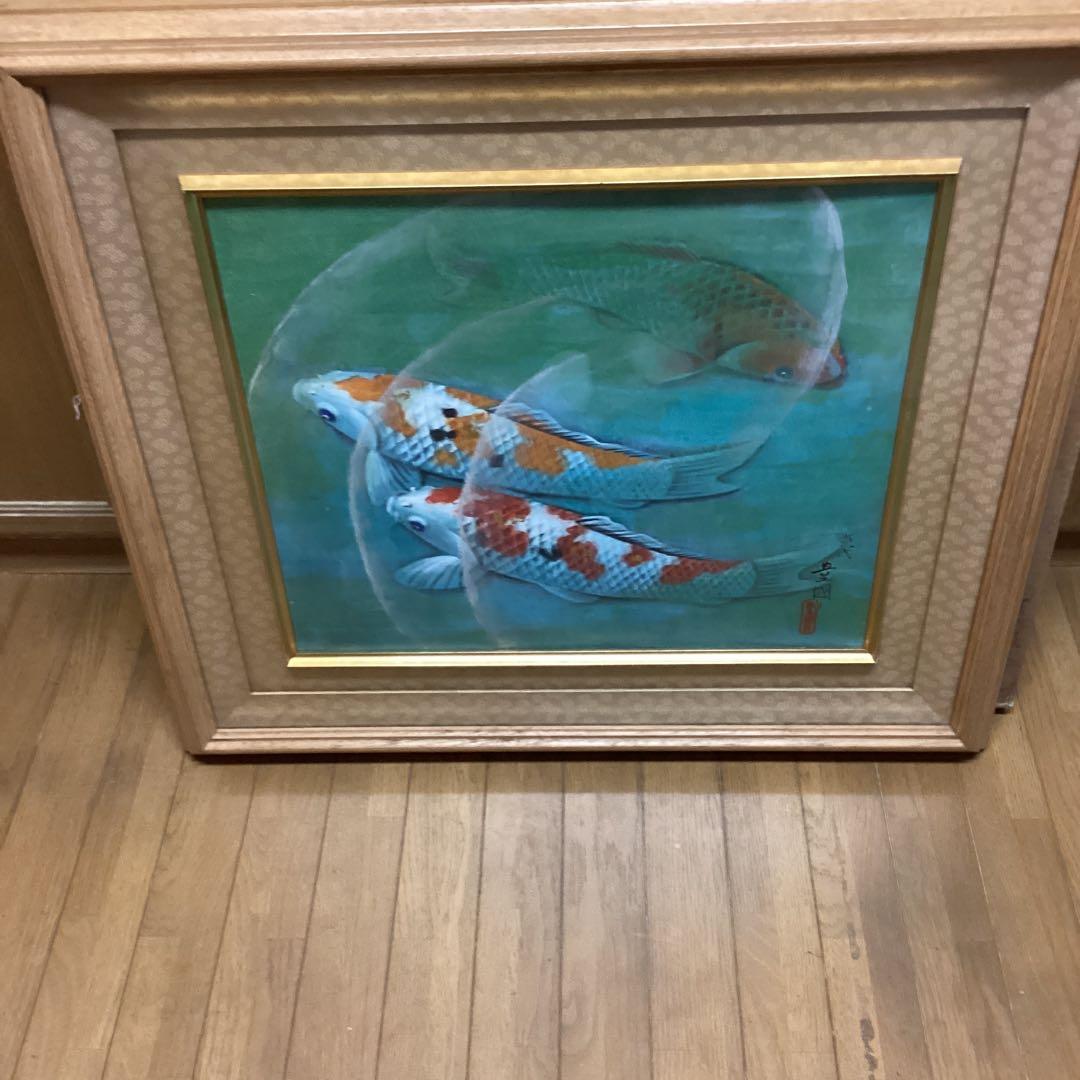 六代目　歌川豊国作　【　遊鯉図　】　木枠額装　日本画手描き板画