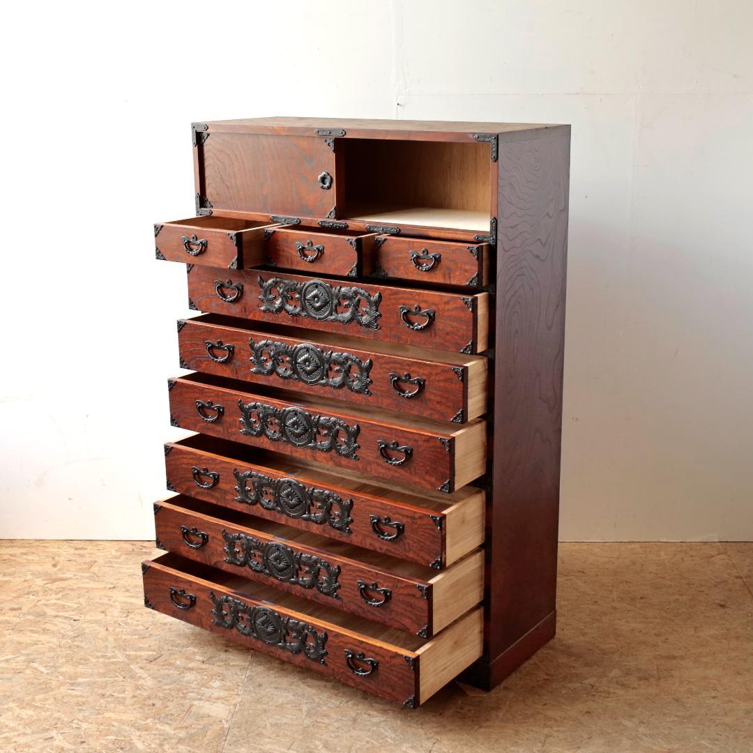 u*1様 伝統工芸 岩谷堂箪笥 欅材漆塗整理箪笥 南部鉄金具/鍵付き/時代箪笥