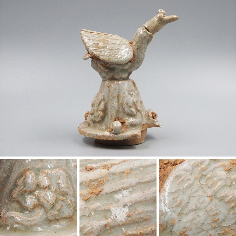 瓷】 ☆ 瓷器 青磁鳥形燭台 ☆ 宋時代 修復歴あり 貫入青釉