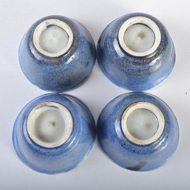 中国 藍釉吹墨 煎茶碗 四客 時代箱付 M R4521