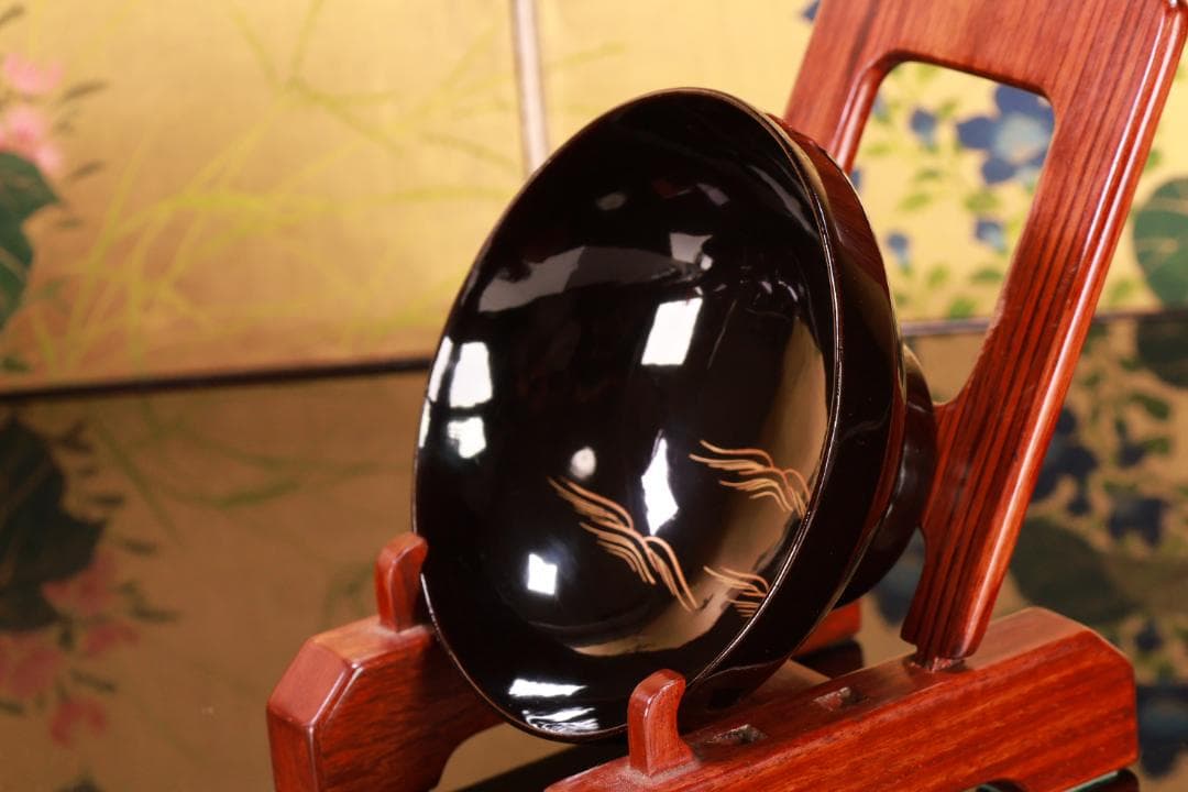 BJ021 時代輪島塗 波に雲上富士図金蒔絵 吸物椀 五客 木製 BJ022