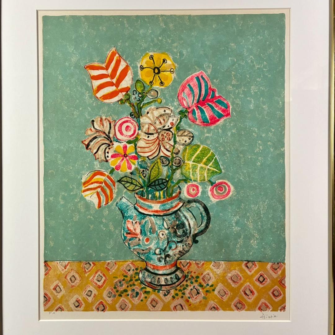 美品 ポール・アイズピリ「水差しの花束」リトグラフ 直筆サイン入 額縁入り