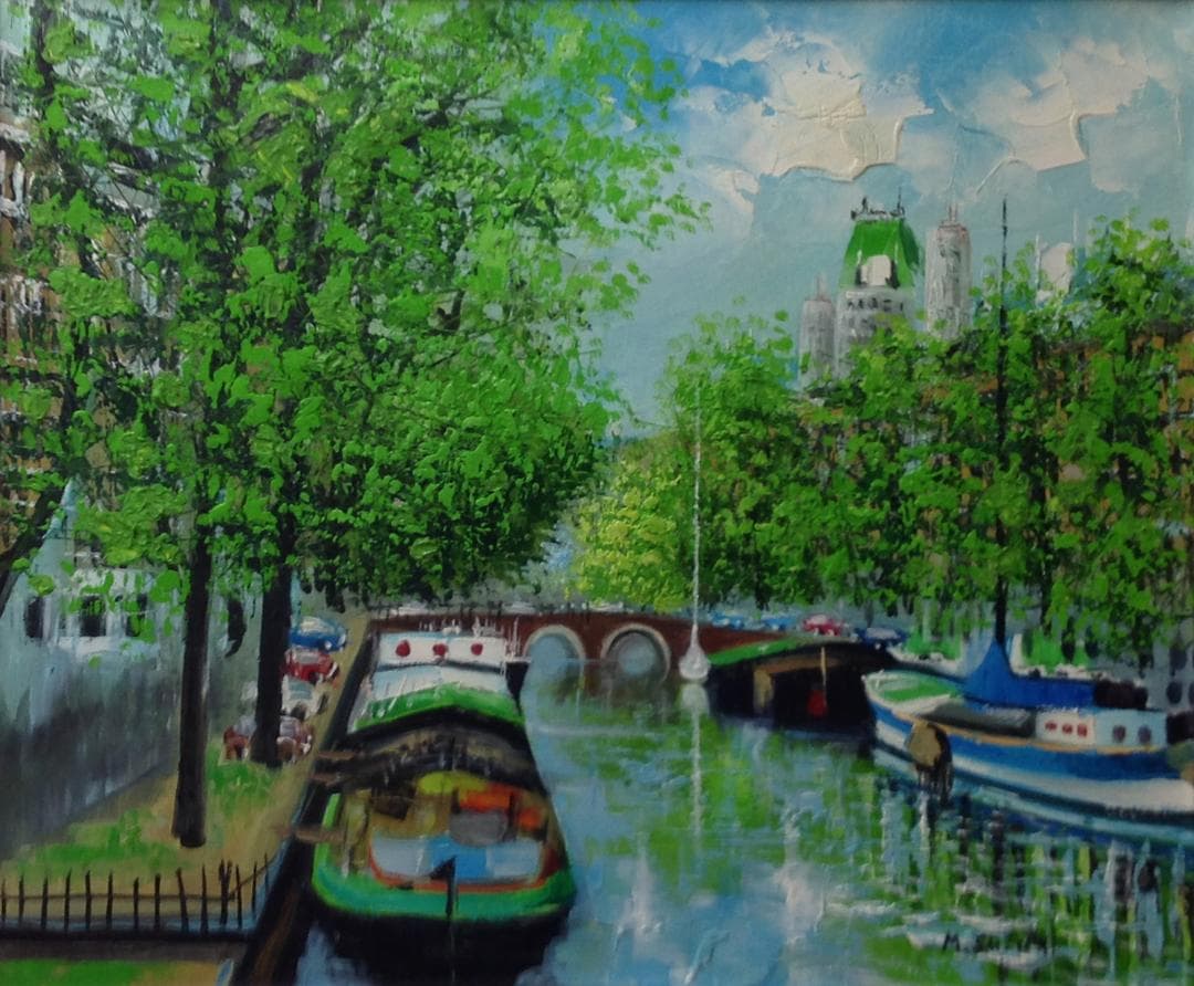 絵画 肉筆油絵 作者不詳 風景画 運河のある風景