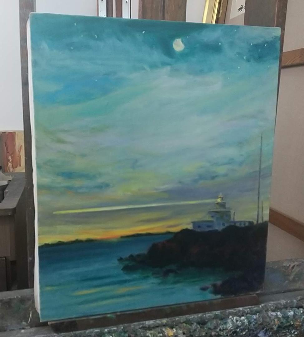 F10「納沙布岬灯台」油彩画 油絵 絵画 アート 岡山豊樹 「雨の納沙布岬